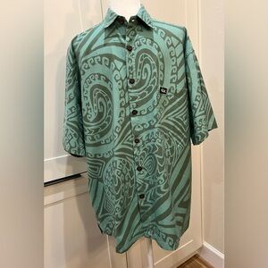 Rix Made in Hawaii Teal Tribal Print Aloha Shirt – Size L preloved EUC